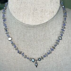 Artisan Handmade Grey Pearl & Moonstone Necklace w/Small Drop